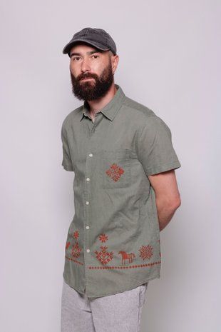 Сорочка з коротким рукавом зелена, М чоловіча , L/XL, E.PRYSHCHEPA CLT-SHR-041 фото